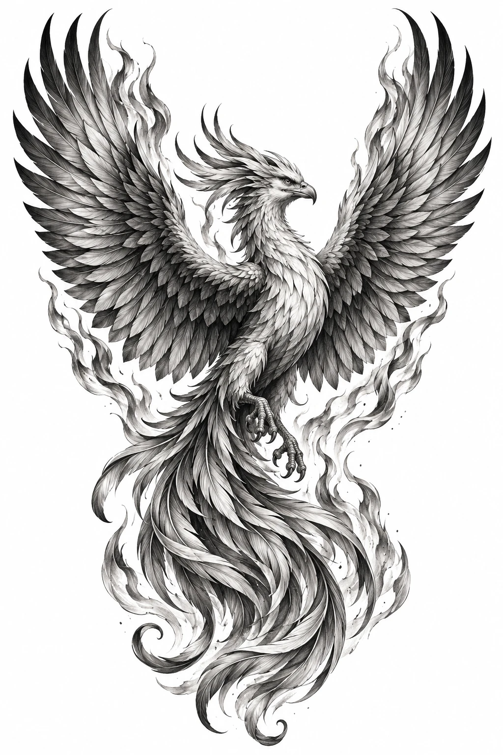 Desenho de tatuagem de Fênix majestosa em ascensão, modelo NR-0670, em preto e cinza.