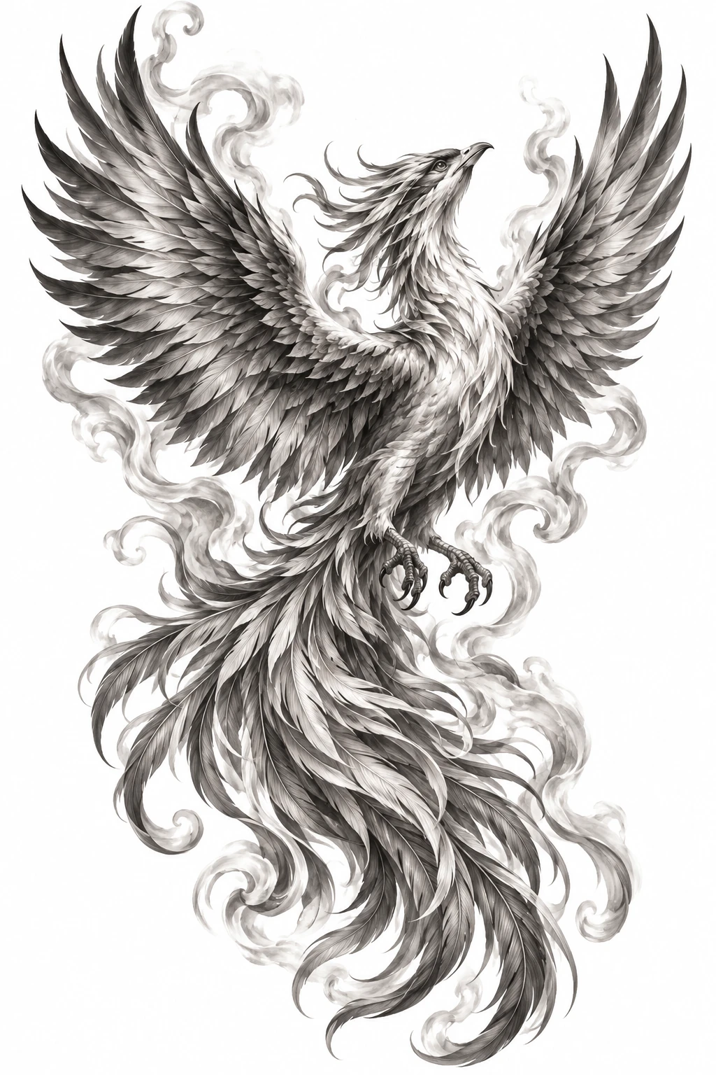 Desenho de tatuagem de Fênix majestosa em cinza e fumaça, modelo NR-0671, em preto e cinza.