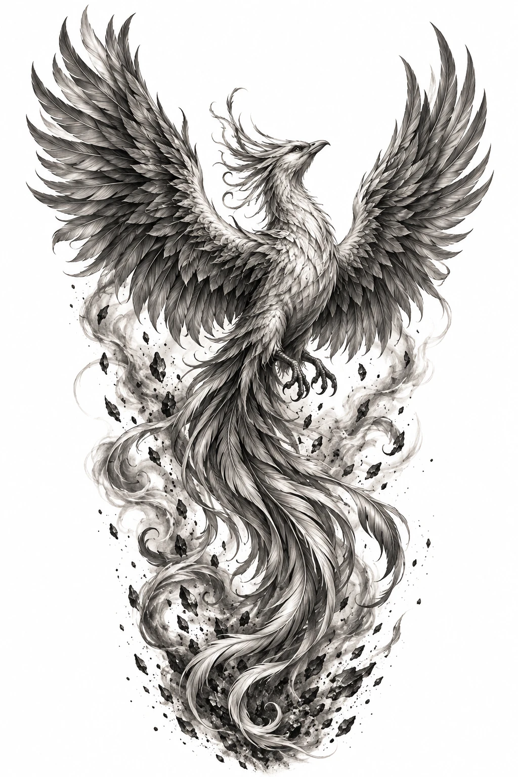 Desenho de tatuagem de Fênix majestosa entre cinzas e brasas, modelo NR-0672, em preto e cinza.