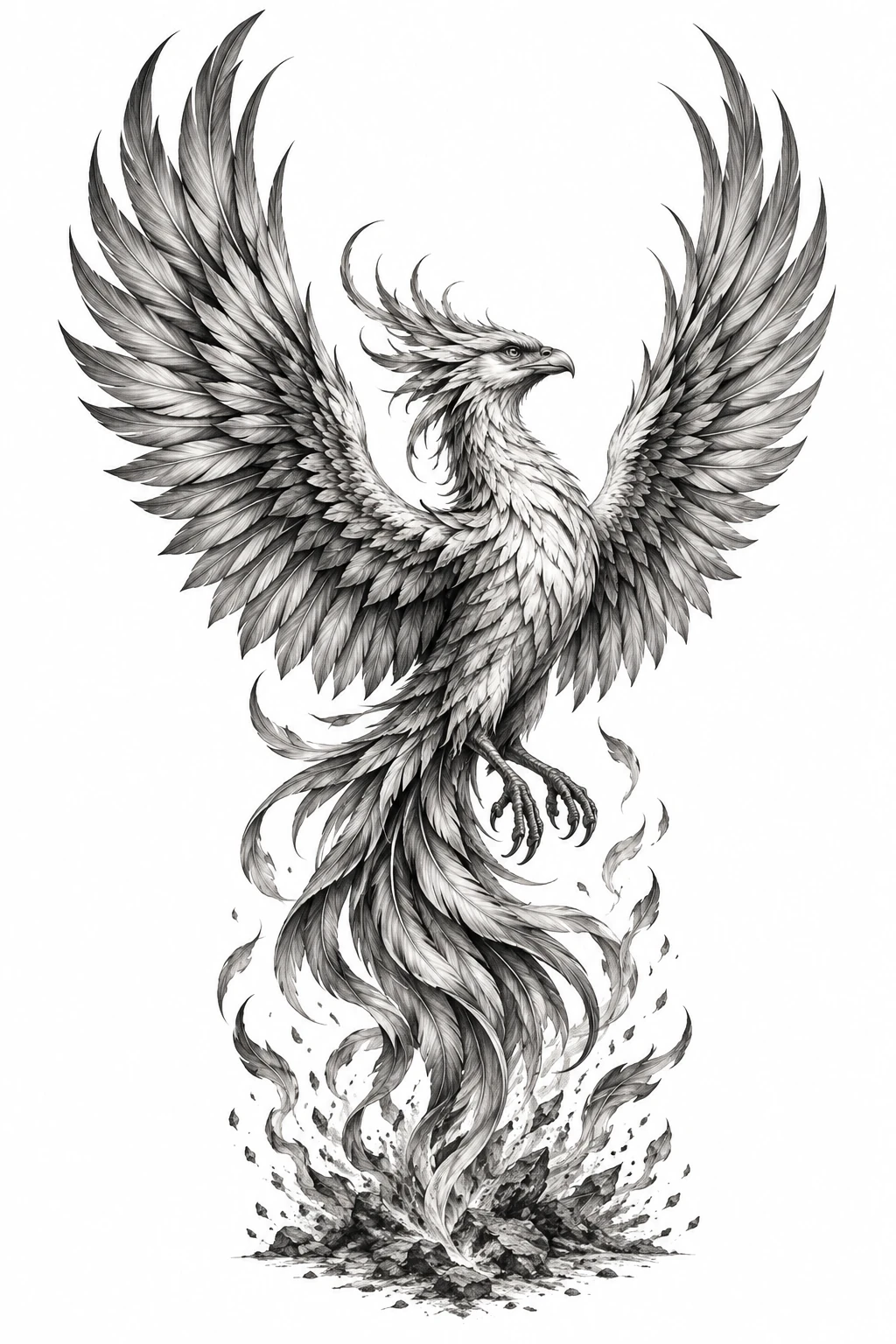 Desenho de tatuagem de Fênix renascendo das cinzas, modelo NR-0673, em preto e cinza.