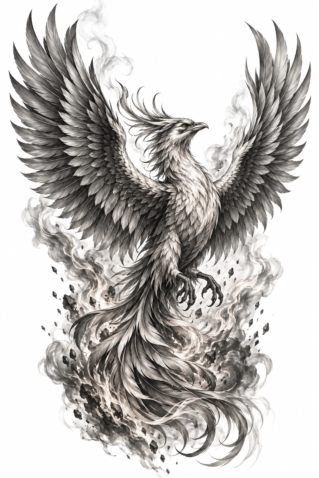 Desenho de tatuagem de Fênix renascendo entre brasas e fumaça, modelo NR-0674, em preto e cinza.