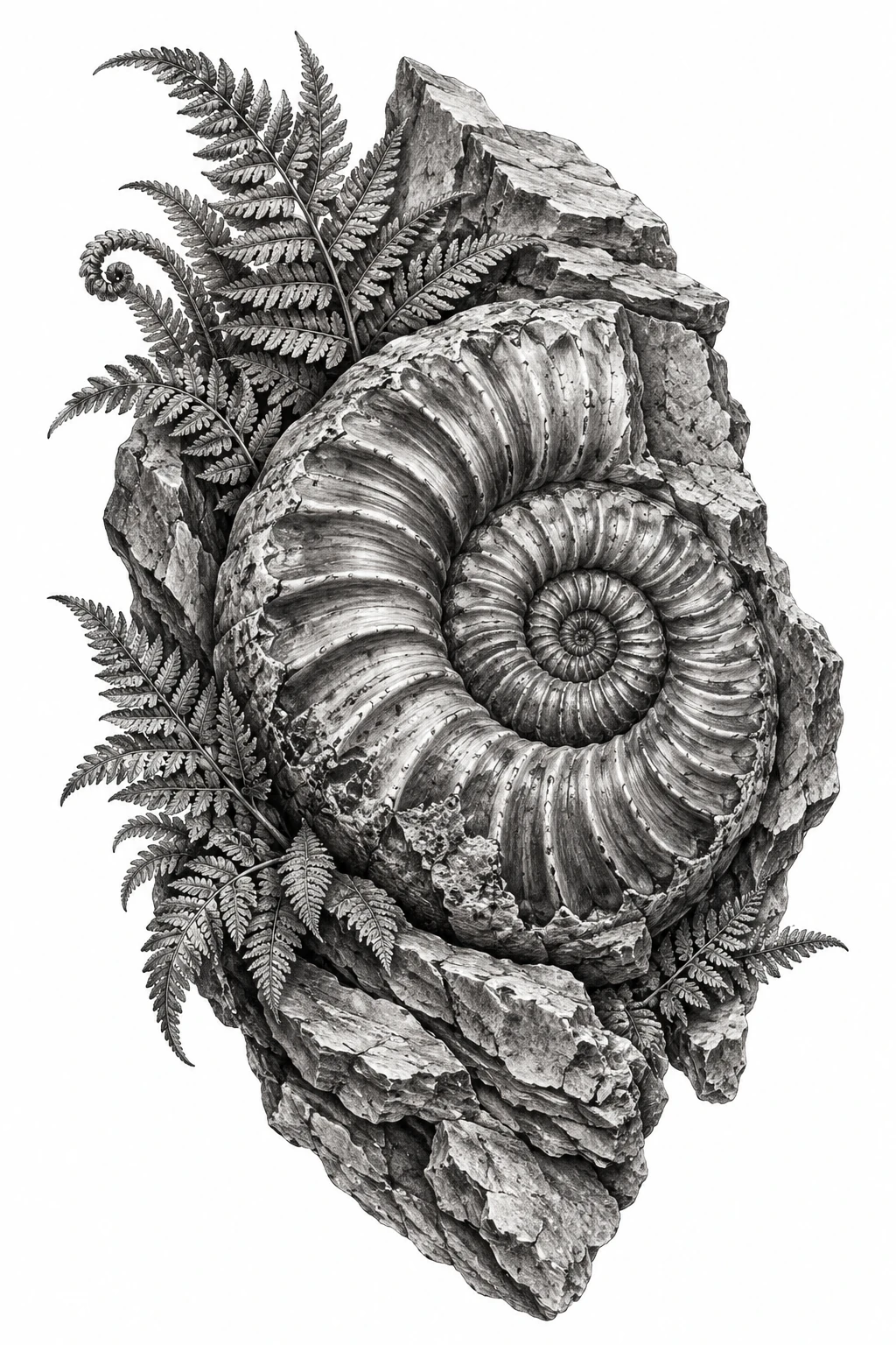 Desenho de tatuagem de Fóssil de amonite entre pedra e samambaias, modelo NR-0675, em preto e cinza.