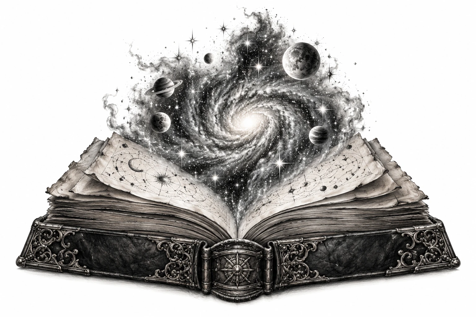 Desenho de tatuagem de Galáxia nascendo de livro antigo, modelo NR-0676, em preto e cinza.