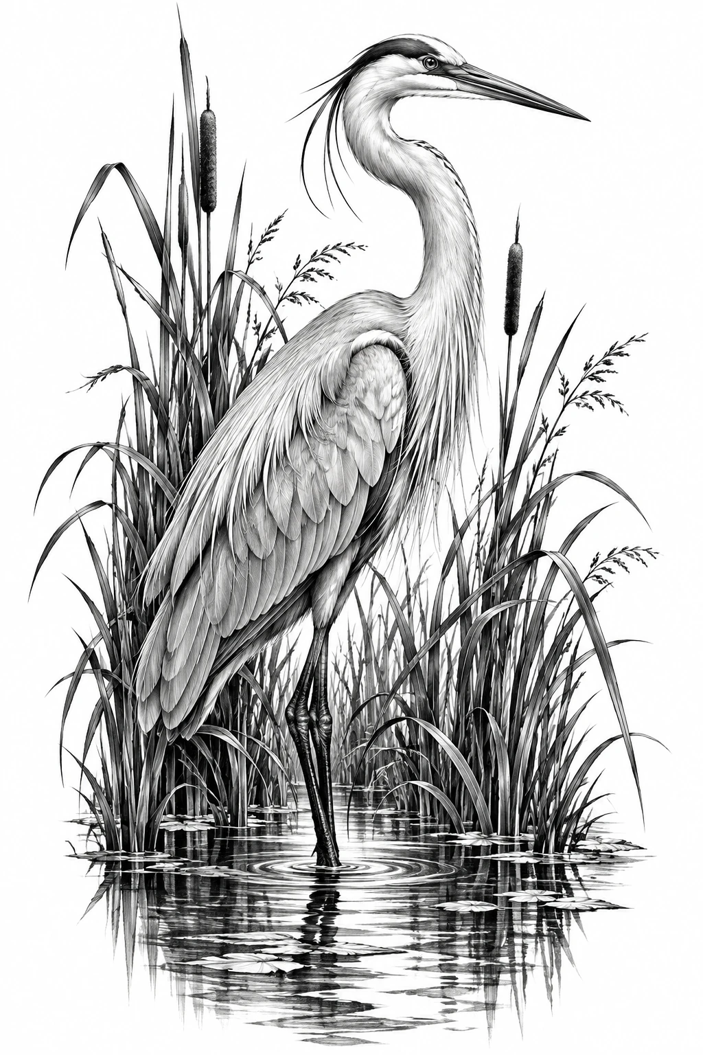 Desenho de tatuagem de Garça elegante entre juncos e reflexos, modelo NR-0677, em preto e cinza.