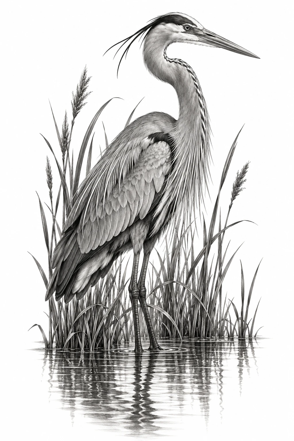 Desenho de tatuagem de Garça-azul entre juncos e reflexos, modelo NR-0678, em preto e cinza.