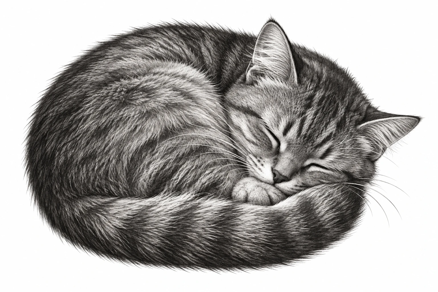 Desenho de tatuagem de Gato enroscado em sono tranquilo, modelo NR-0679, em preto e cinza.