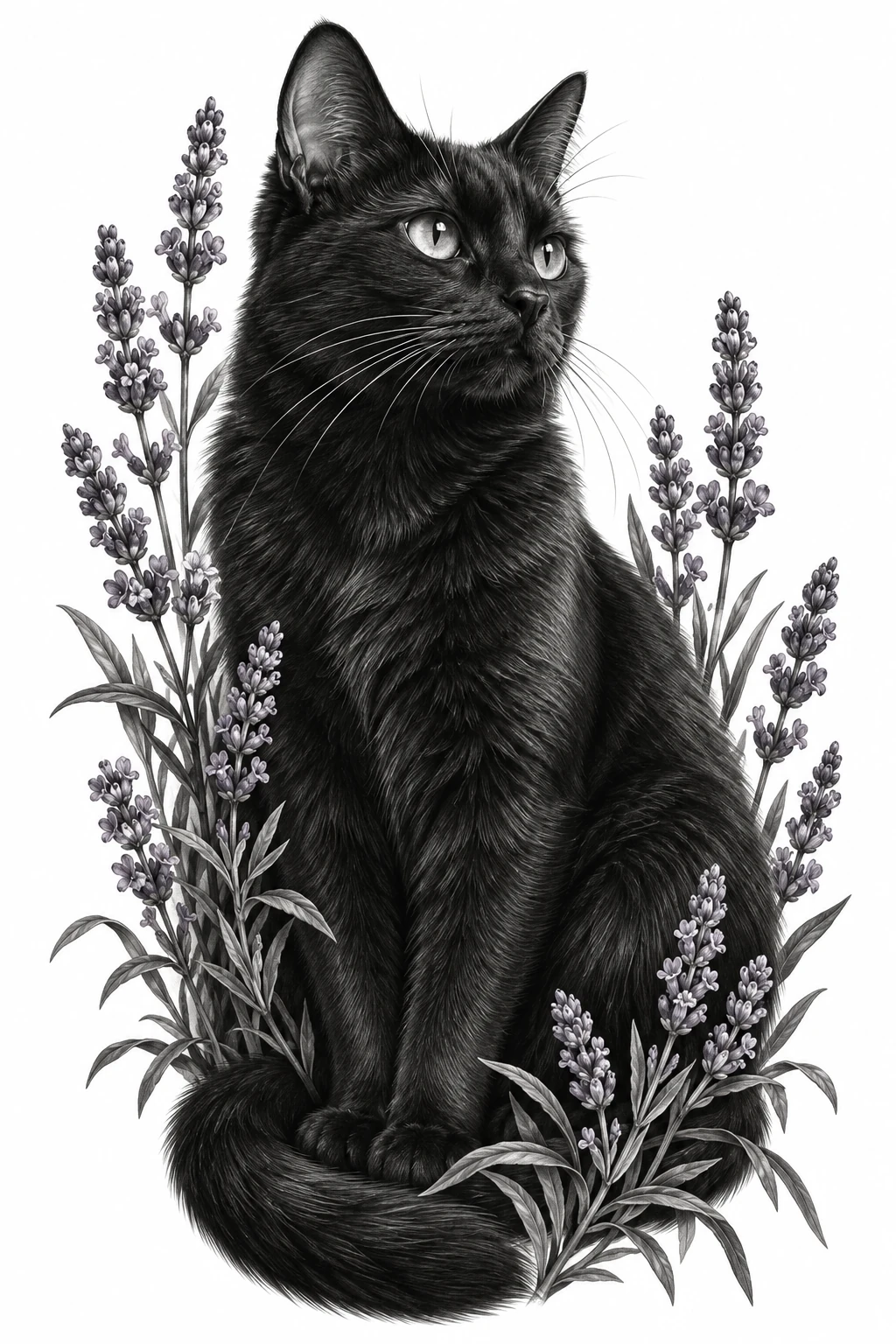 Desenho de tatuagem de Gato preto entre lavandas, modelo NR-0680, em preto e cinza.
