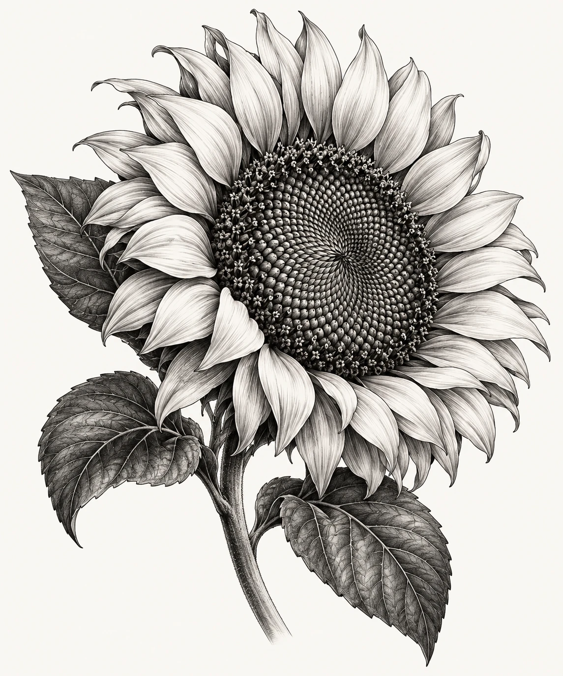 Desenho de tatuagem de Girassol botânico monocromático, modelo NR-0681, em preto e cinza.