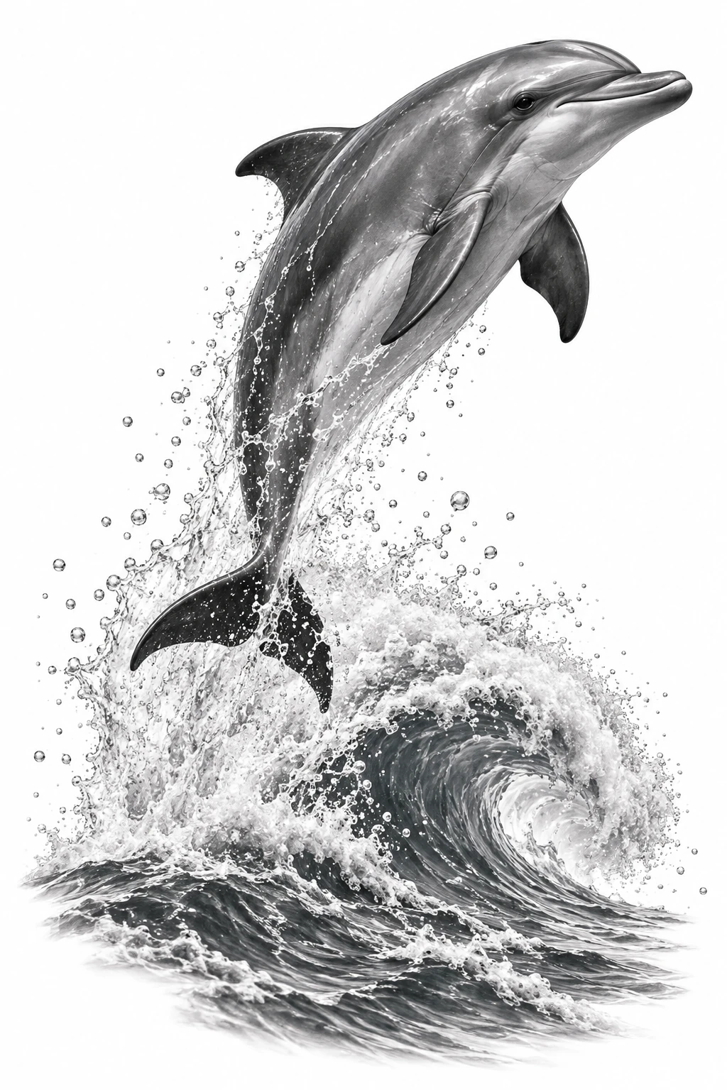 Desenho de tatuagem de Golfinho saltando sobre onda espumante, modelo NR-0683, em preto e cinza.