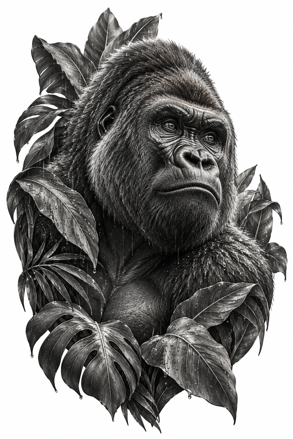 Desenho de tatuagem de Gorila majestoso entre folhas e chuva, modelo NR-0684, em preto e cinza.