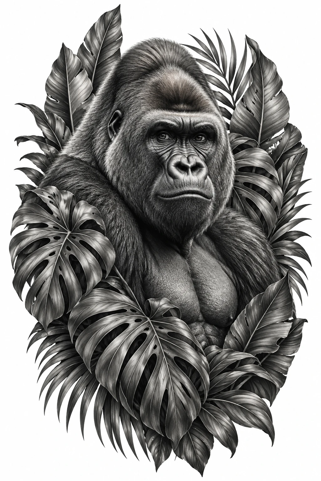 Desenho de tatuagem de Gorila prateado entre folhas tropicais, modelo NR-0685, em preto e cinza.
