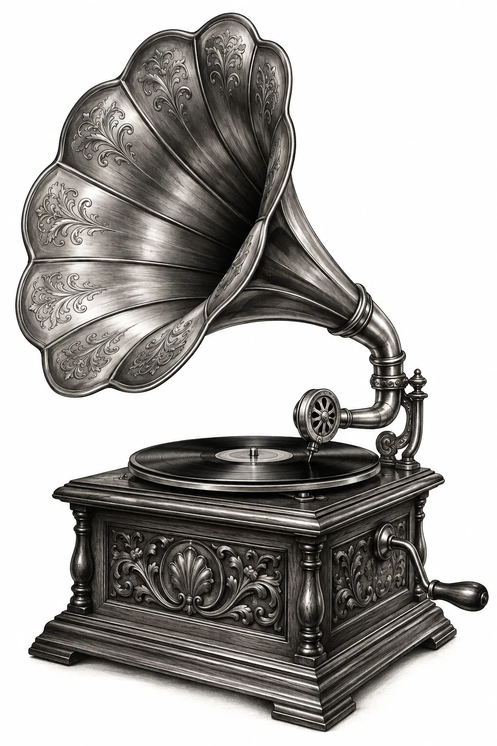 Desenho de tatuagem de Gramofone vintage com corneta ornamentada, modelo NR-0687, em preto e cinza.
