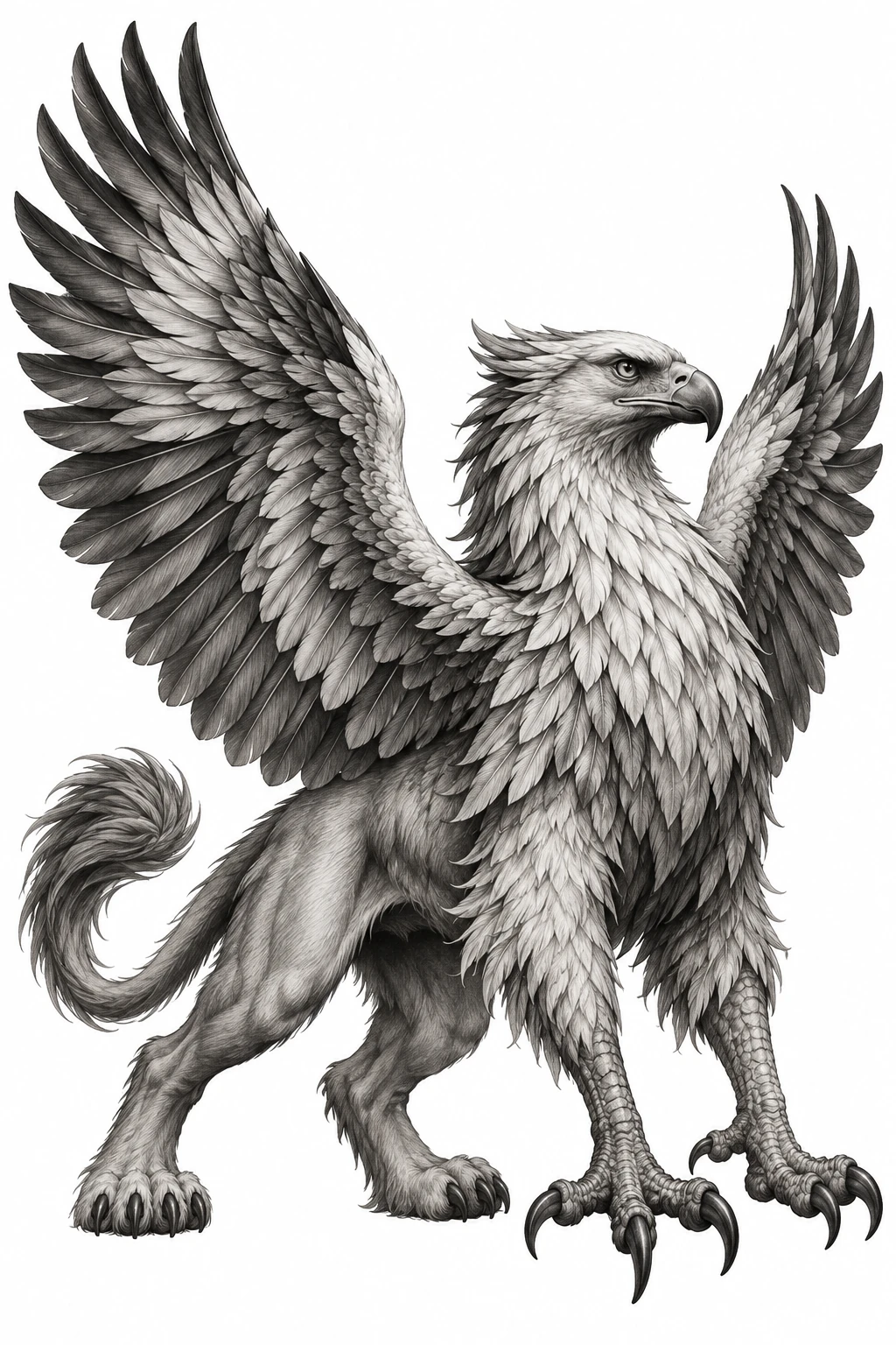 Desenho de tatuagem de Grifo majestoso em preto e cinza, modelo NR-0688, em preto e cinza.