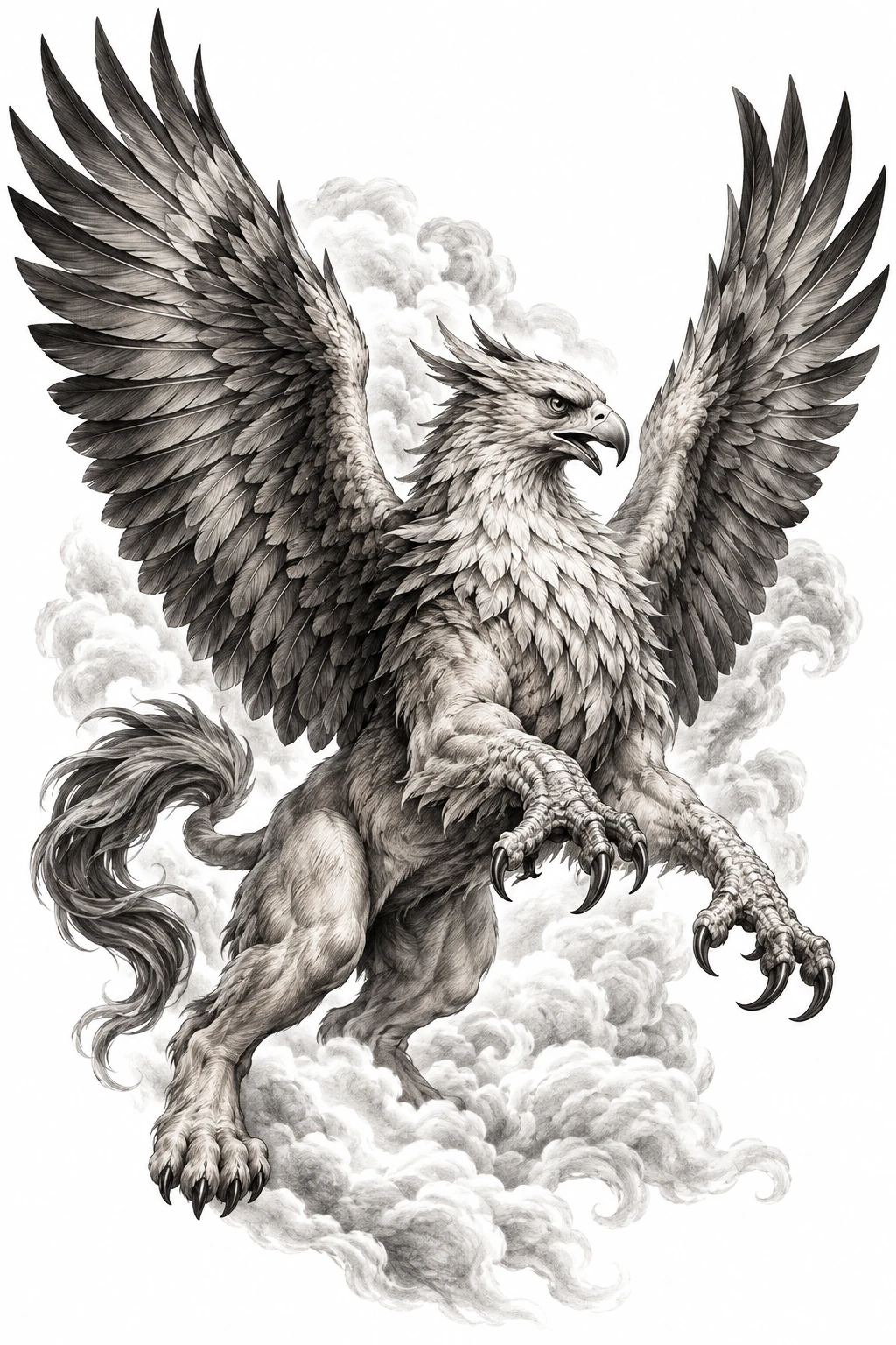 Desenho de tatuagem de Grifo majestoso entre nuvens finas, modelo NR-0689, em preto e cinza.
