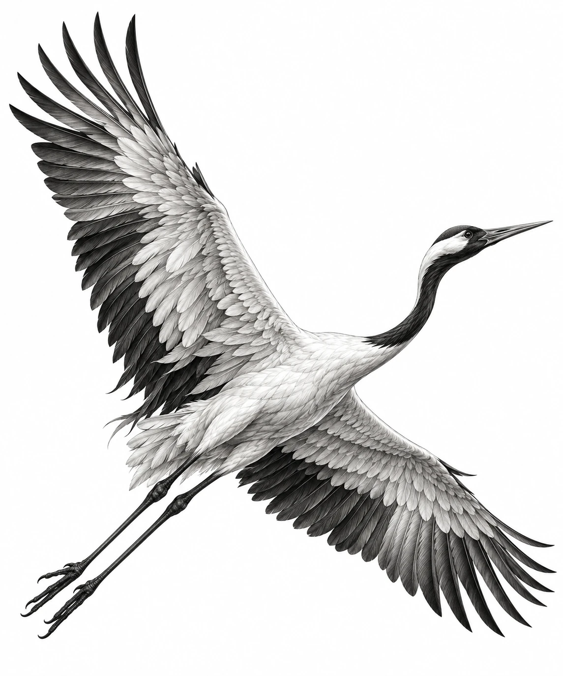 Desenho de tatuagem de Grou elegante em pleno voo, modelo NR-0690, em preto e cinza.