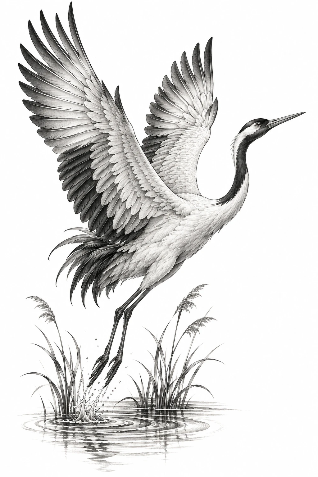 Desenho de tatuagem de Grou em voo sobre juncos, modelo NR-0691, em preto e cinza.