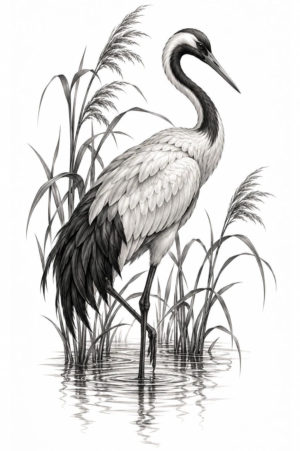 Desenho de tatuagem de Grou sereno entre juncos e ondulações, modelo NR-0692, em preto e cinza.