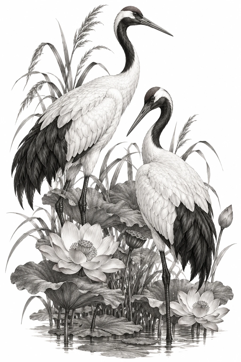 Desenho de tatuagem de Grous elegantes entre juncos e lótus, modelo NR-0693, em preto e cinza.