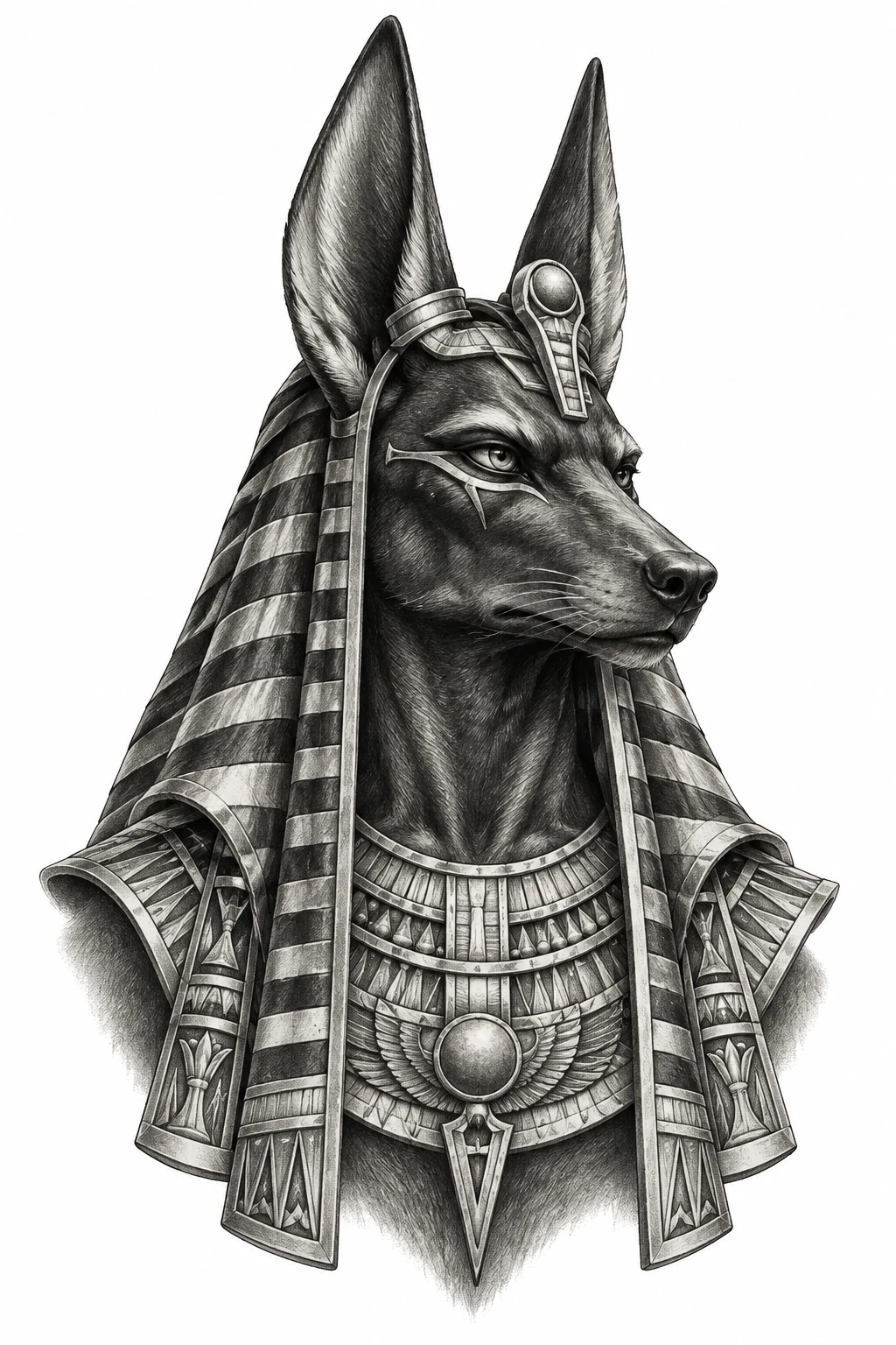 Desenho de tatuagem de Guardião egípcio de cabeça de chacal, modelo NR-0694, em preto e cinza.