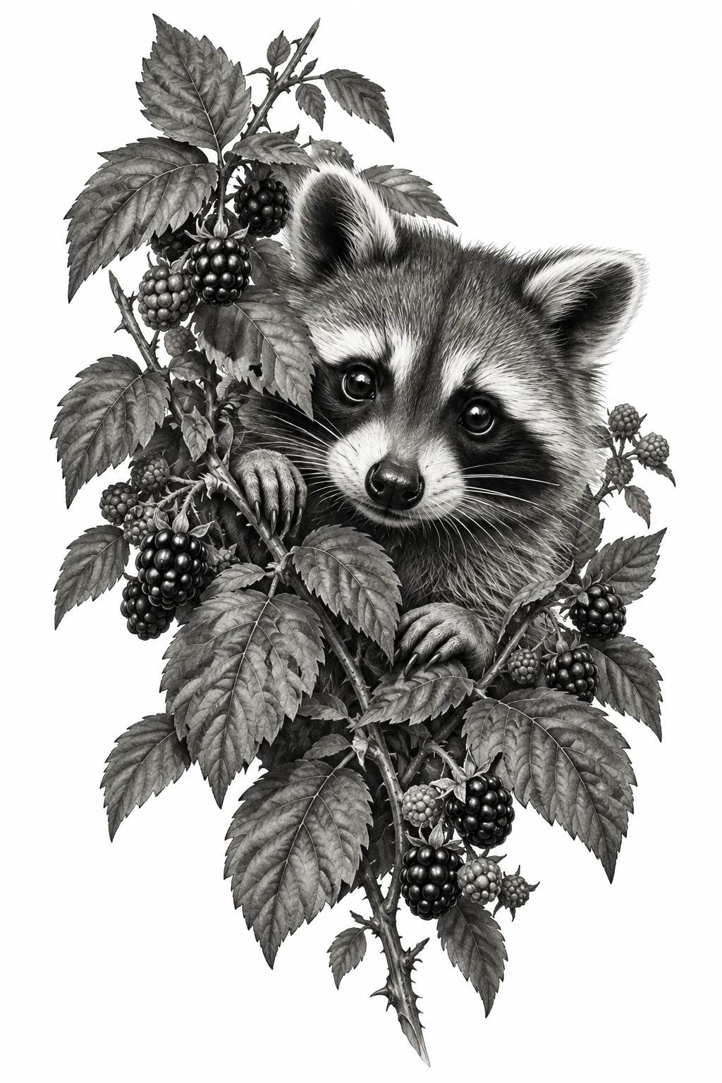 Desenho de tatuagem de Guaxinim curioso entre folhas de amora, modelo NR-0695, em preto e cinza.