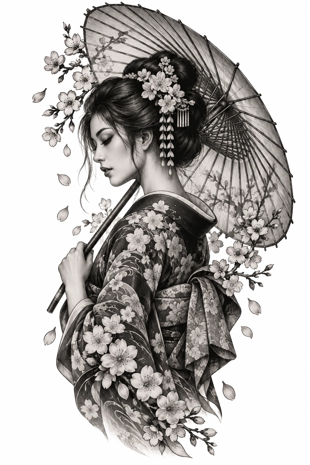Desenho de tatuagem de Gueixa japonesa com sombrinha e cerejeiras, modelo NR-0696, em preto e cinza.