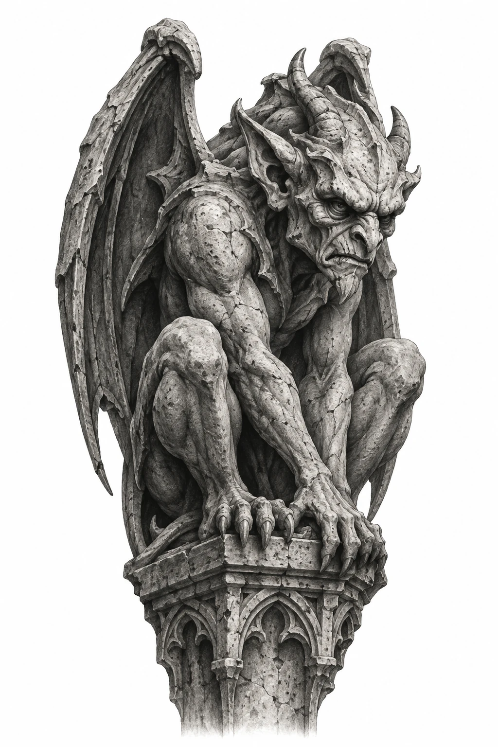 Desenho de tatuagem de Gárgula de pedra com asas dobradas(1), modelo NR-0697, em preto e cinza.