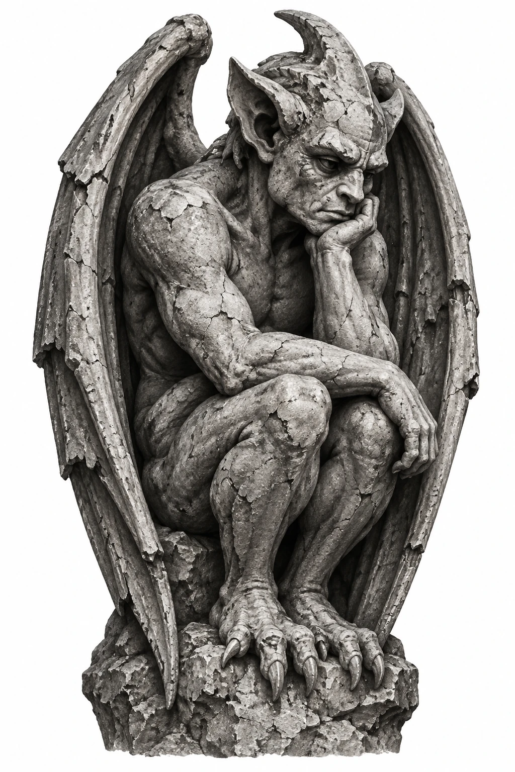 Desenho de tatuagem de Gárgula de pedra com asas recolhidas, modelo NR-0698, em preto e cinza.