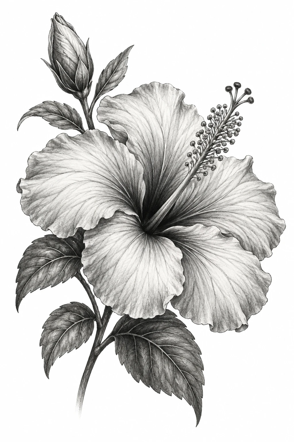 Desenho de tatuagem de Hibisco realista em preto e cinza, modelo NR-0699, em preto e cinza.