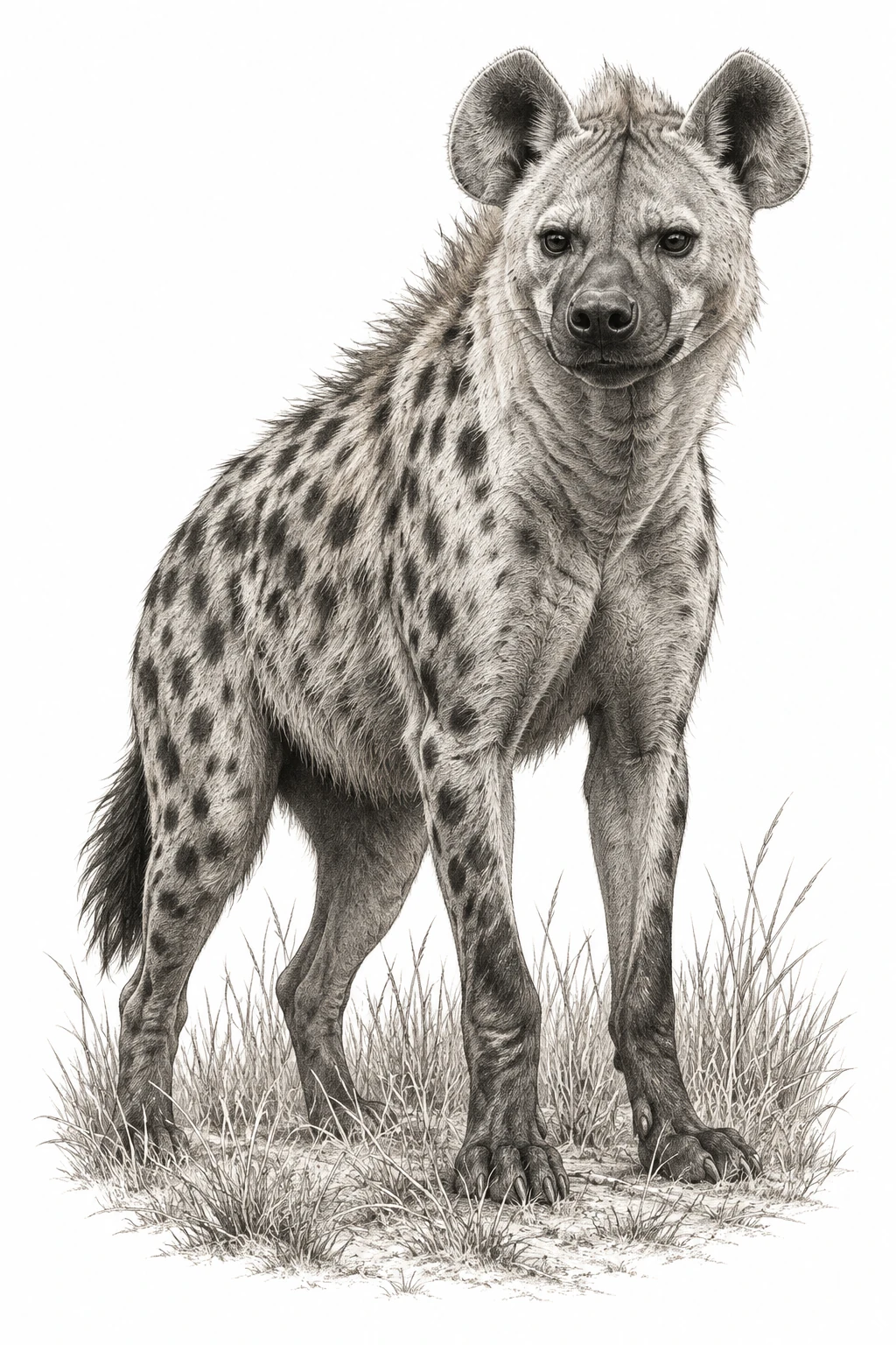 Desenho de tatuagem de Hiena malhada em alerta, modelo NR-0700, em preto e cinza.