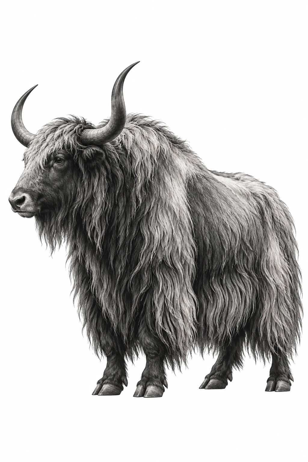 Desenho de tatuagem de Iaque-do-Himalaia em perfil, preto e cinza, modelo NR-0701, em preto e cinza.