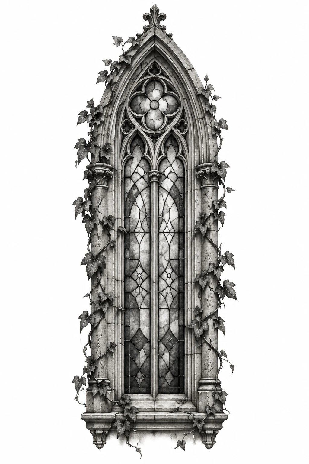 Desenho de tatuagem de Janela gótica de vitrais e hera, modelo NR-0703, em preto e cinza.