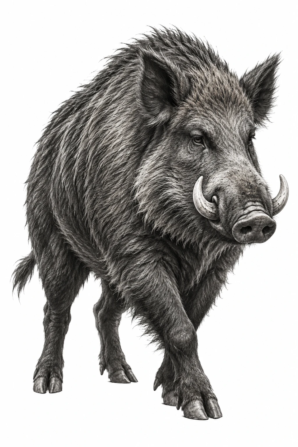 Desenho de tatuagem de Javali realista em preto e cinza, modelo NR-0704, em preto e cinza.