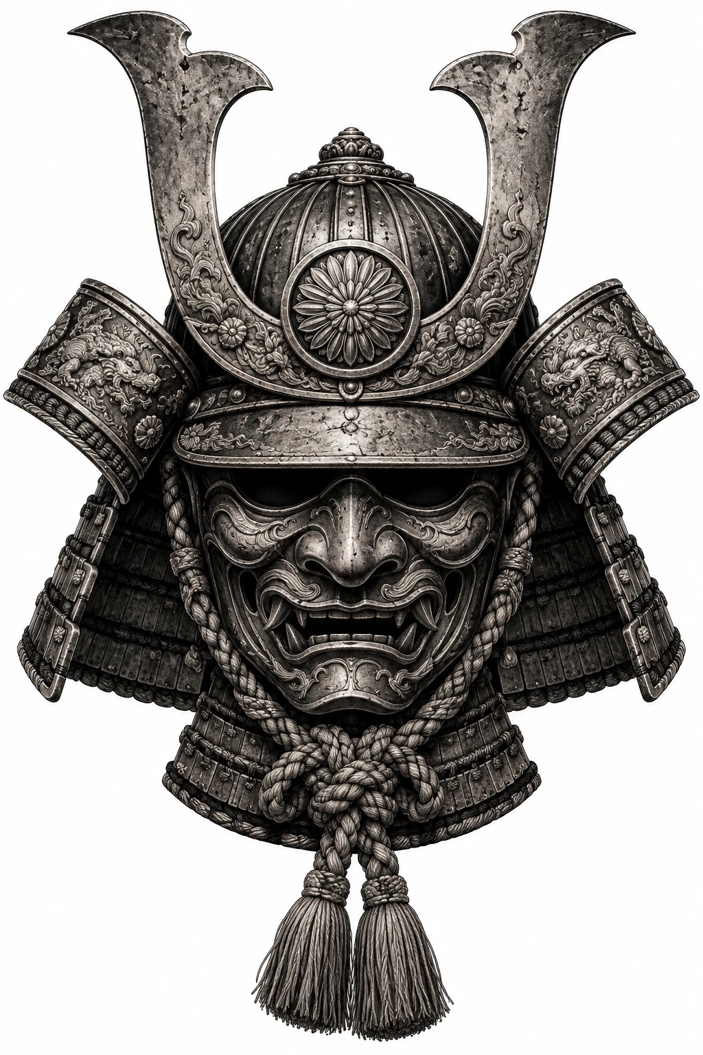 Desenho de tatuagem de Kabuto samurai ancestral em preto e cinza, modelo NR-0705, em preto e cinza.