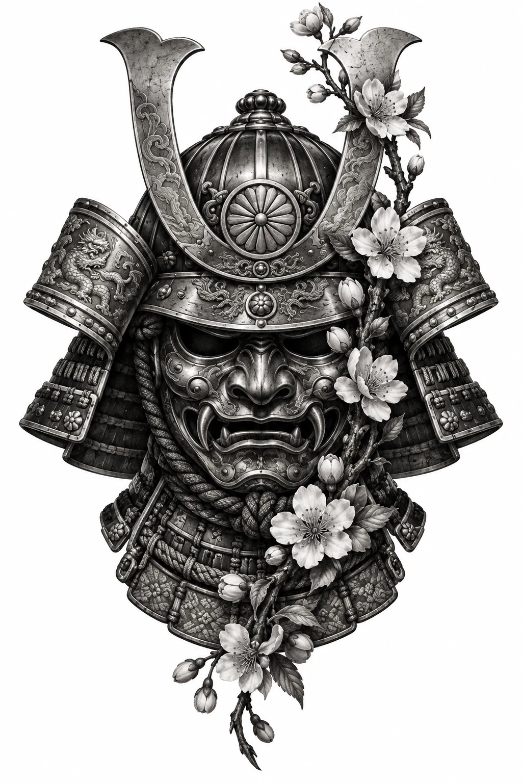 Desenho de tatuagem de Kabuto samurai com flor de cerejeira, modelo NR-0706, em preto e cinza.