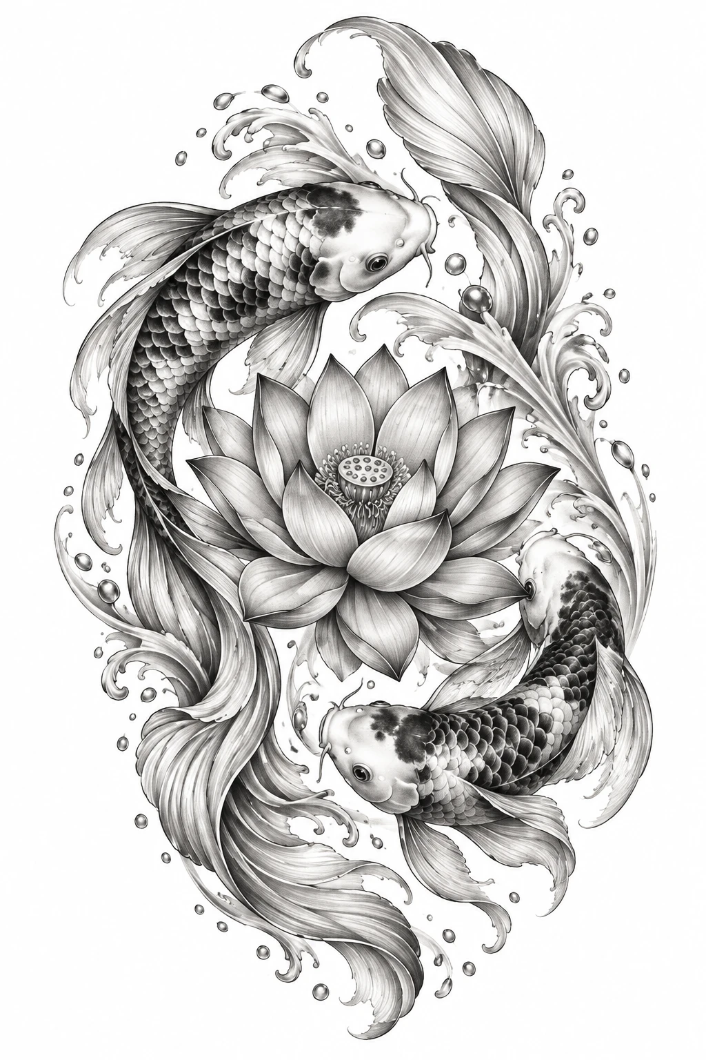Desenho de tatuagem de Koi e lótus em harmonia, modelo NR-0707, em preto e cinza.