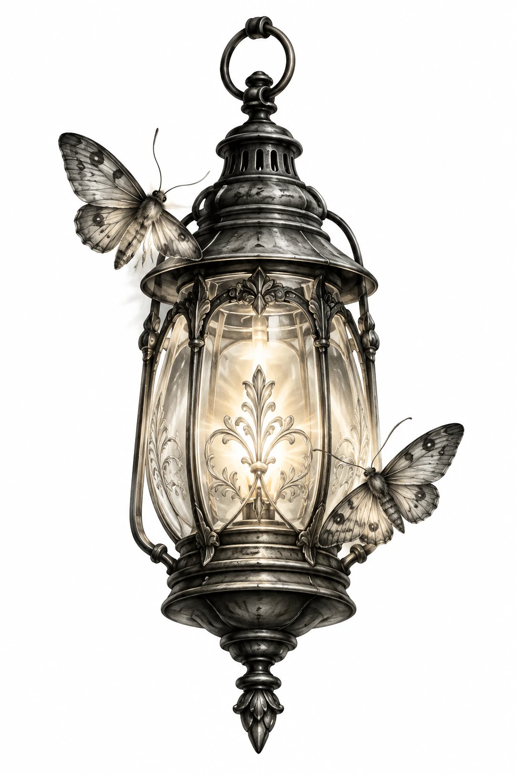 Desenho de tatuagem de Lanterna antiga com mariposas luminosas, modelo NR-0710, em preto e cinza.
