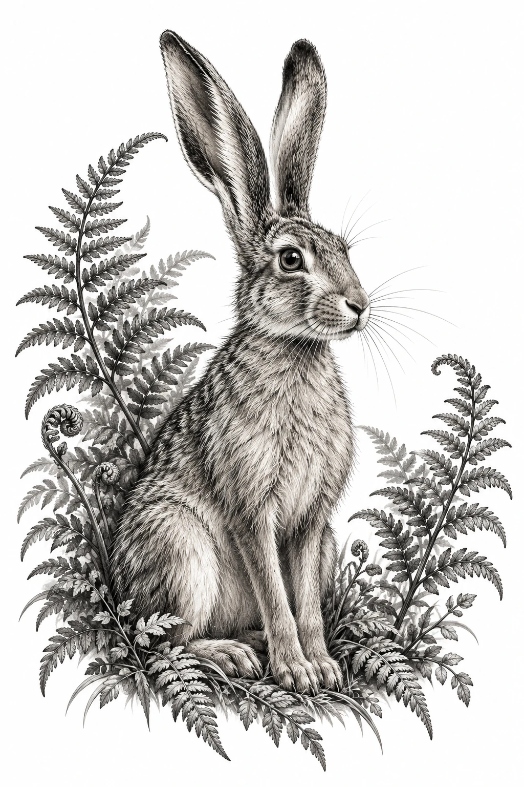 Desenho de tatuagem de Lebre alerta entre samambaias, modelo NR-0713, em preto e cinza.
