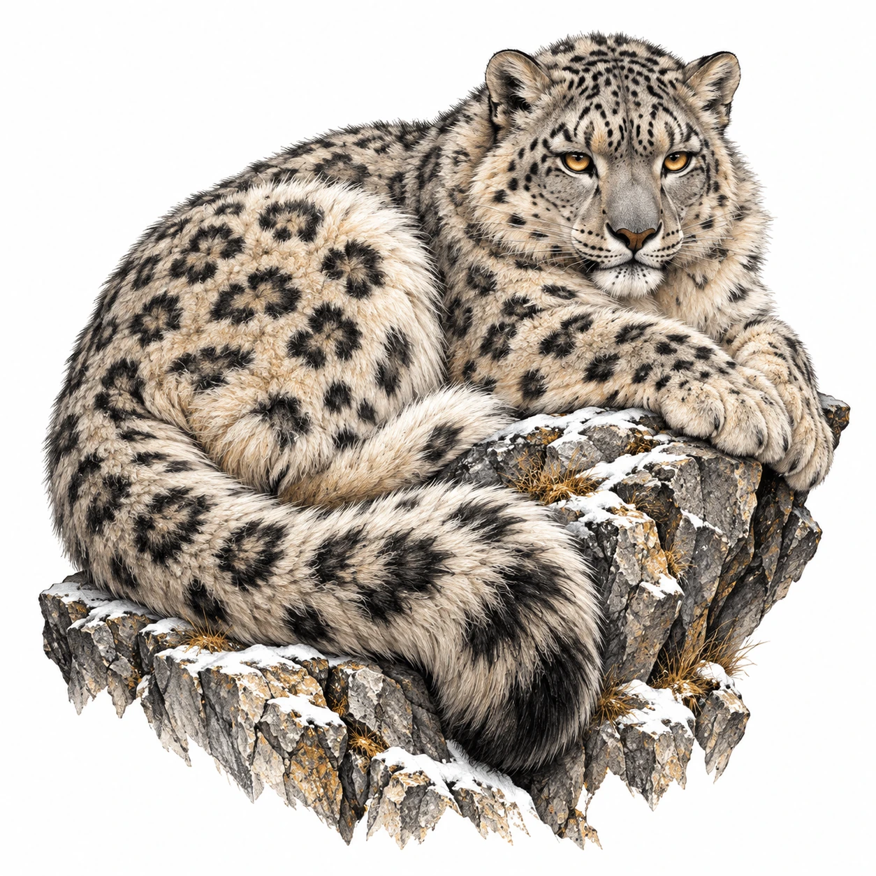 Desenho de tatuagem de Leopardo-das-neves com olhos âmbar, modelo NR-0715, em preto e cinza.