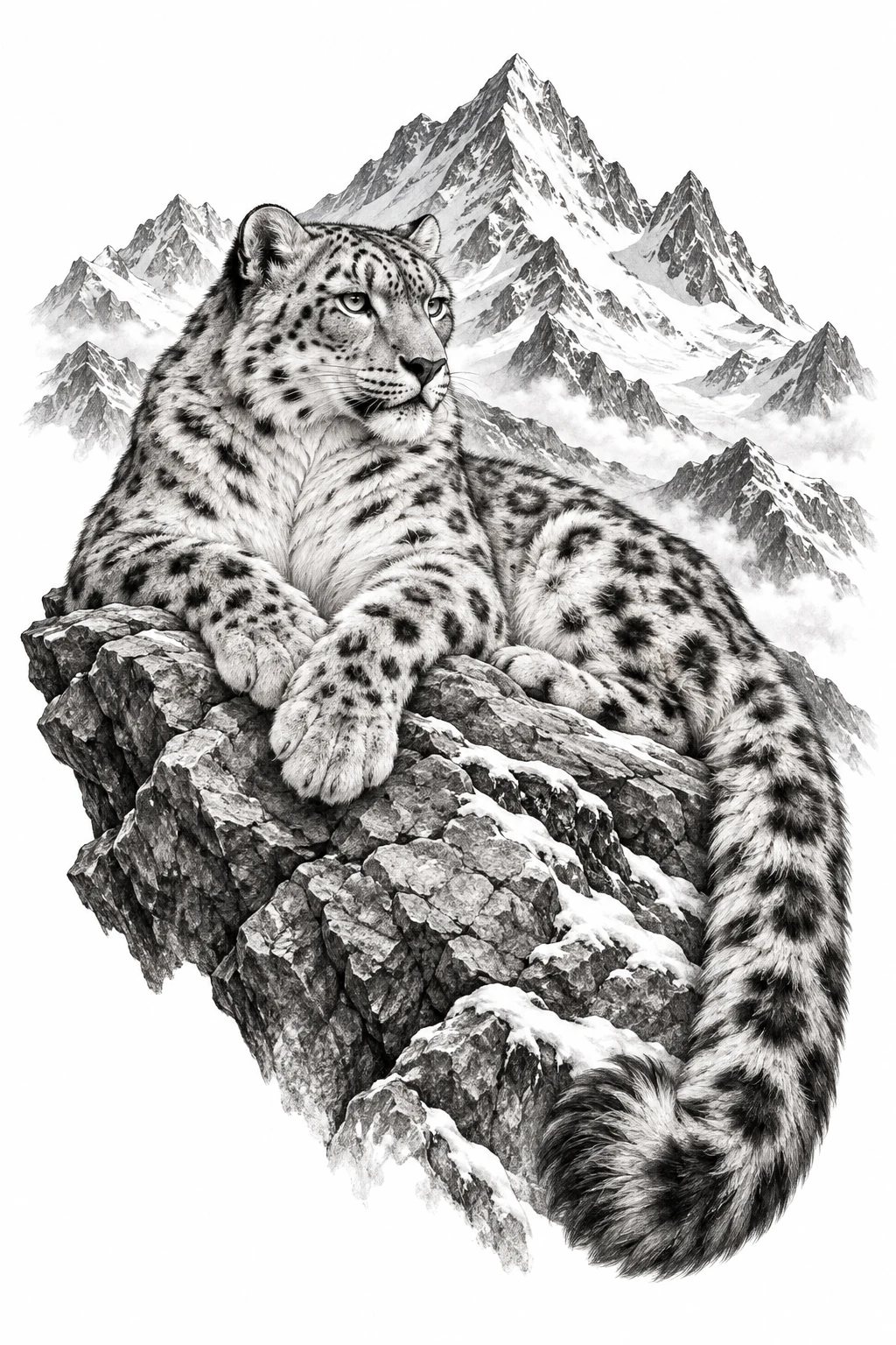 Desenho de tatuagem de Leopardo-das-neves entre picos montanhosos, modelo NR-0716, em preto e cinza.