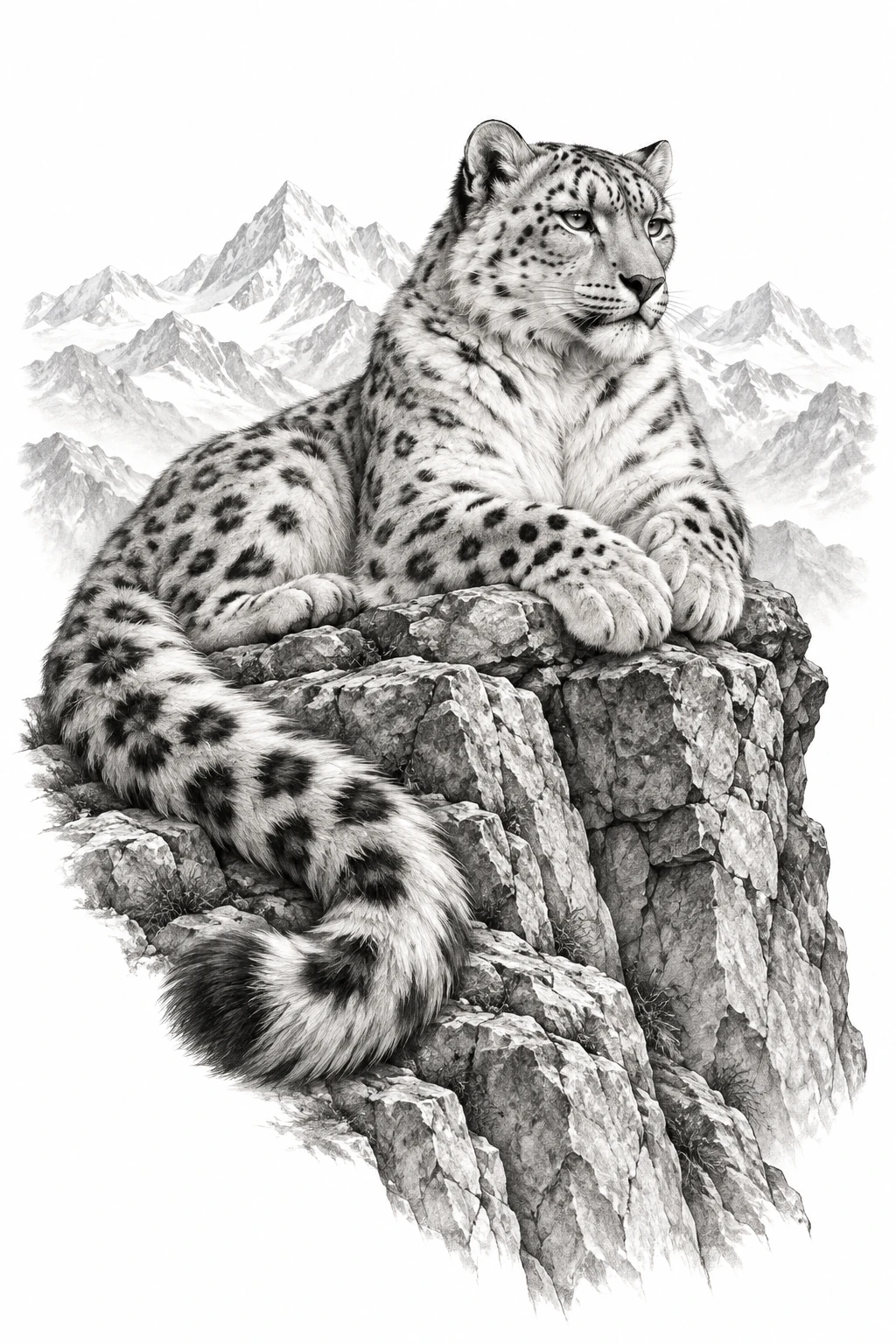 Desenho de tatuagem de Leopardo-das-neves repousando no penhasco, modelo NR-0717, em preto e cinza.