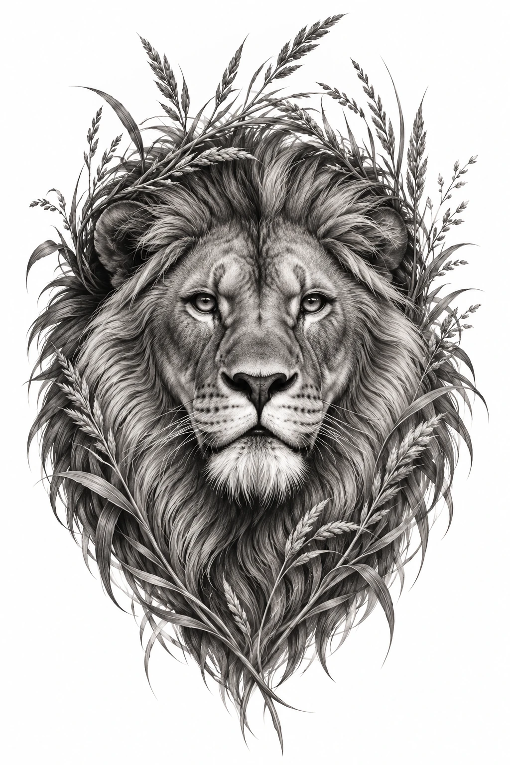 Desenho de tatuagem de Leão majestoso com coroa de gramíneas, modelo NR-0719, em preto e cinza.