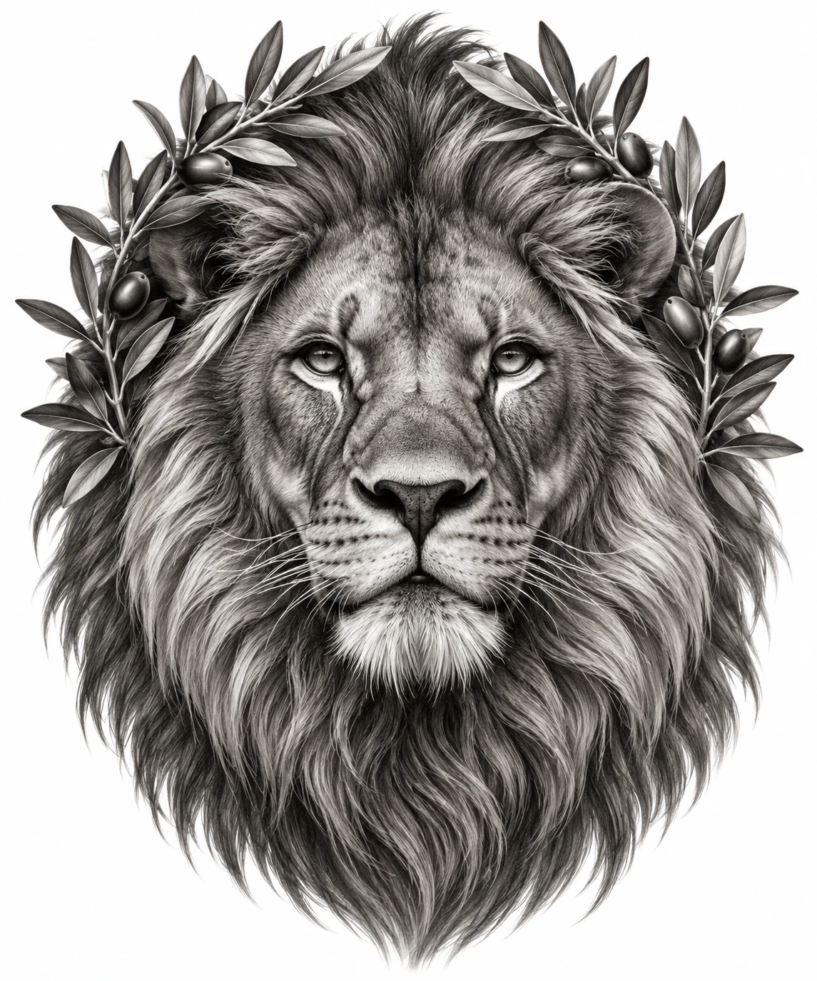 Desenho de tatuagem de Leão realista com coroa de oliveiras, modelo NR-0720, em preto e cinza.