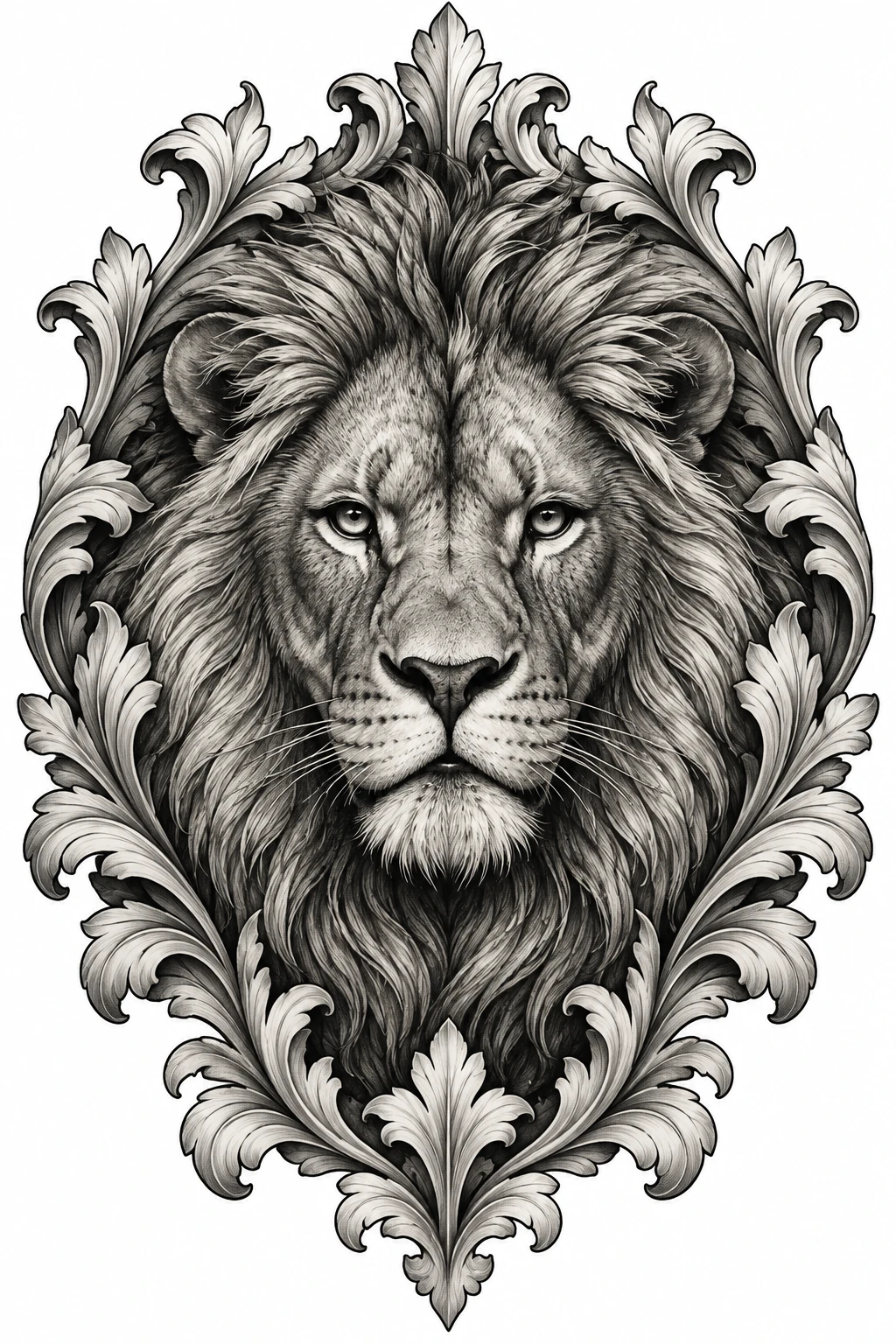 Desenho de tatuagem de Leão realista emoldurado por acanto, modelo NR-0721, em preto e cinza.
