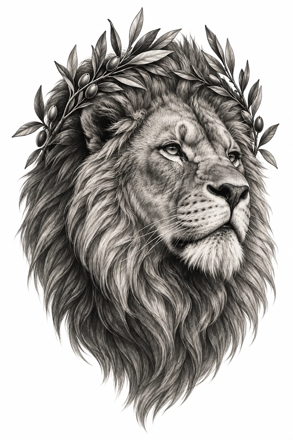 Desenho de tatuagem de Leão régio com coroa de oliveira, modelo NR-0722, em preto e cinza.