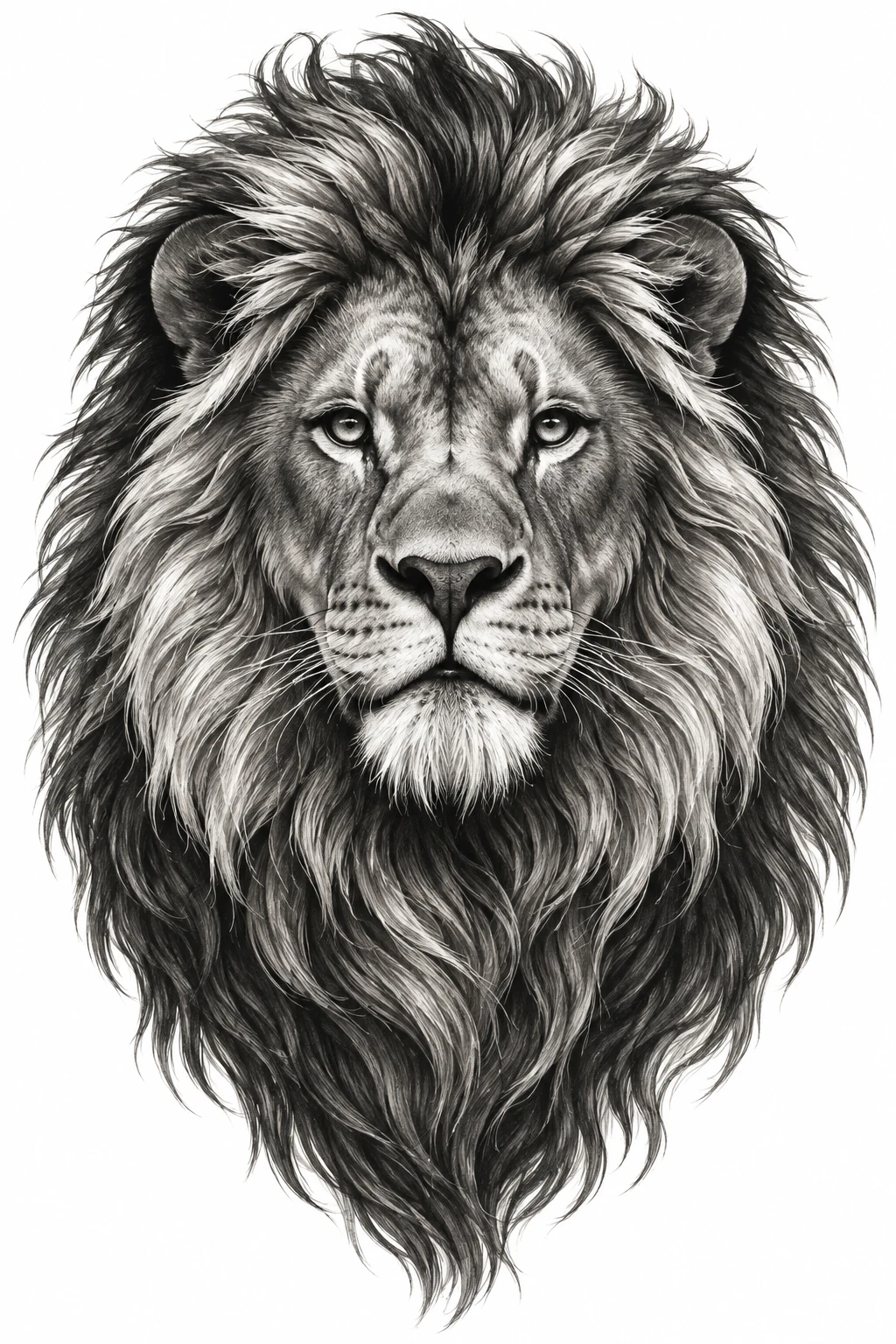Desenho de tatuagem de Leão sereno em preto e cinza, modelo NR-0723, em preto e cinza.