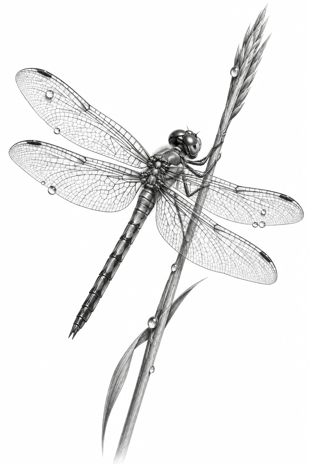 Desenho de tatuagem de Libélula detalhada sobre um junco, modelo NR-0724, em preto e cinza.