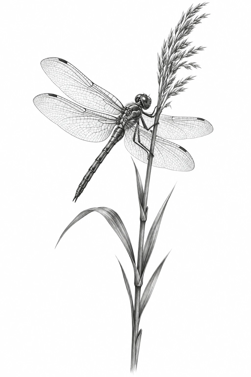 Desenho de tatuagem de Libélula realista sobre junco delicado, modelo NR-0725, em preto e cinza.