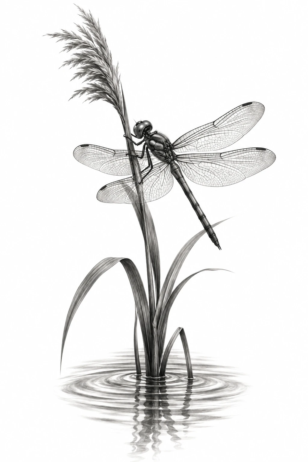 Desenho de tatuagem de Libélula sobre junco em águas serenas, modelo NR-0726, em preto e cinza.