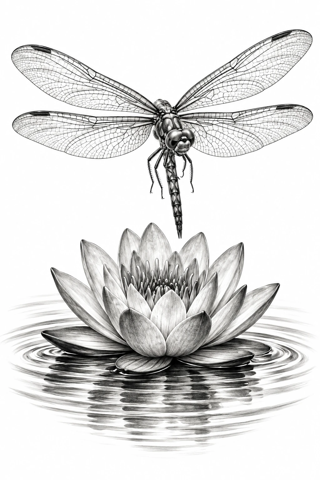 Desenho de tatuagem de Libélula sobre lírio-d’água(1), modelo NR-0727, em preto e cinza.