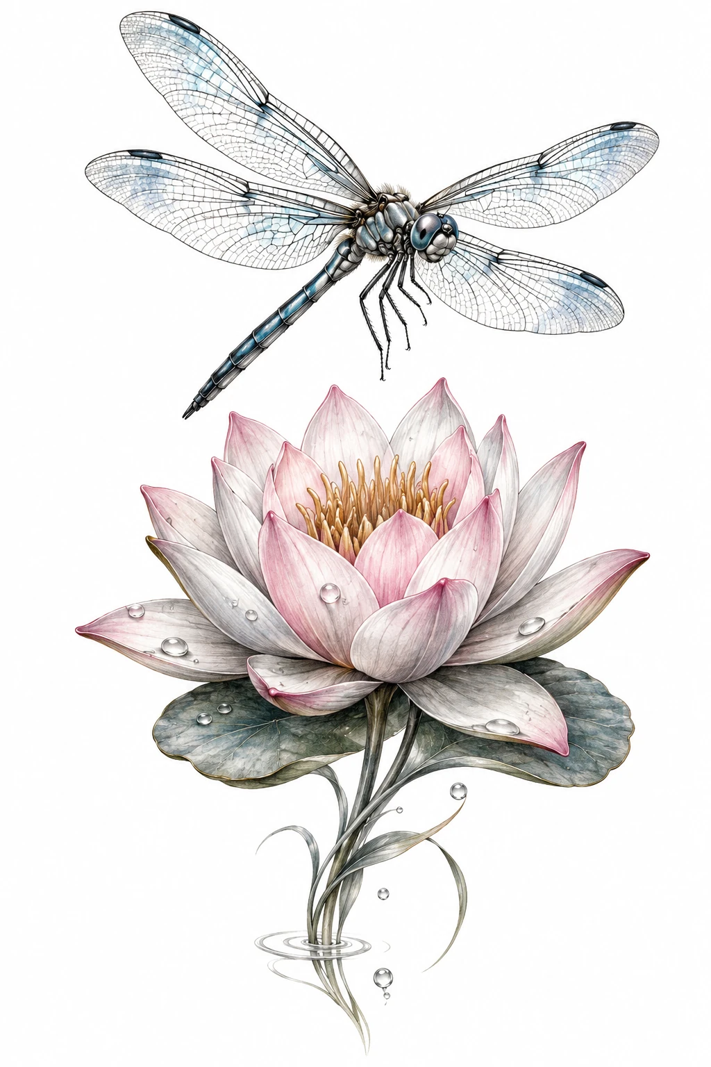 Desenho de tatuagem de Libélula sobre lírio-d’água, modelo NR-0728, em preto e cinza.